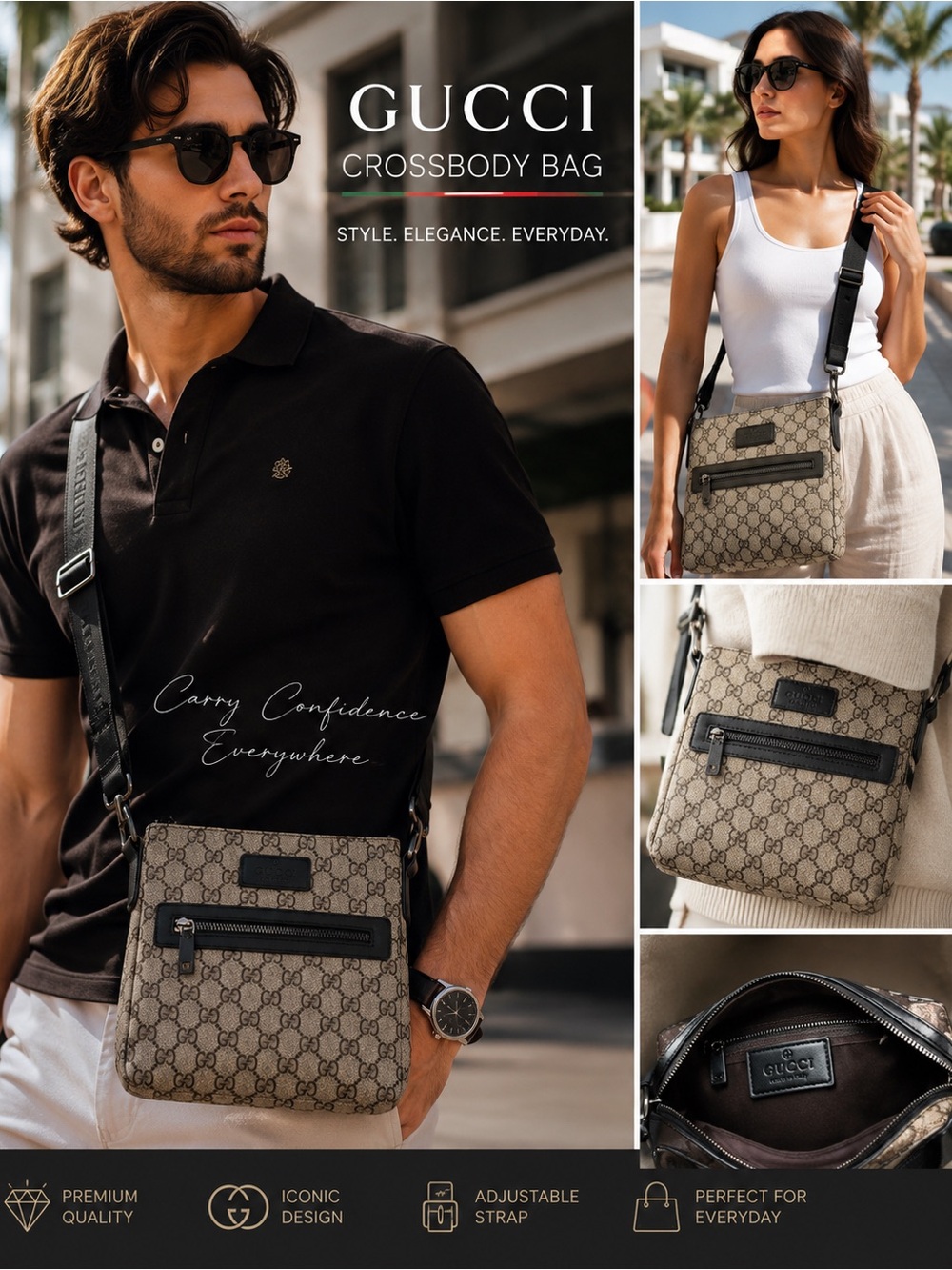Gucci Beige Monogram Crossbody Bag with Black Trim